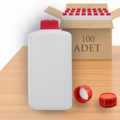 HDPE Plastik Kare Numune Saklama Şişesi 1000 ML Kırmızı Kapaklı | Kimyasala Dayanıklı (100'lü Paket)