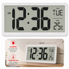 Büyük LCD Ekranlı Dijital Duvar Saati | Tarih, Sıcaklık ve Alarm Göstergeli | 43x19cm