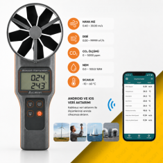 Bluetoothlu 10CM Pervaneli Anemometre | Hava Hız, Debi, CO₂, Nem, Sıcaklık | AZ89191 