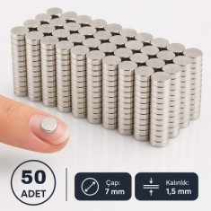 7x1.5 mm Yuvarlak Neodyum Mıknatıs | Güçlü Disk Magnet | Nikel Kaplamalı | 50 Adet